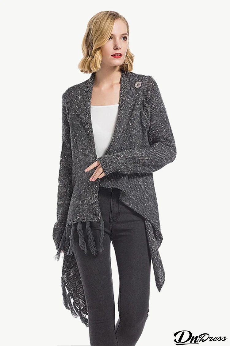 One-Button Tassel Tie Asymmetrical Hem Cardigan