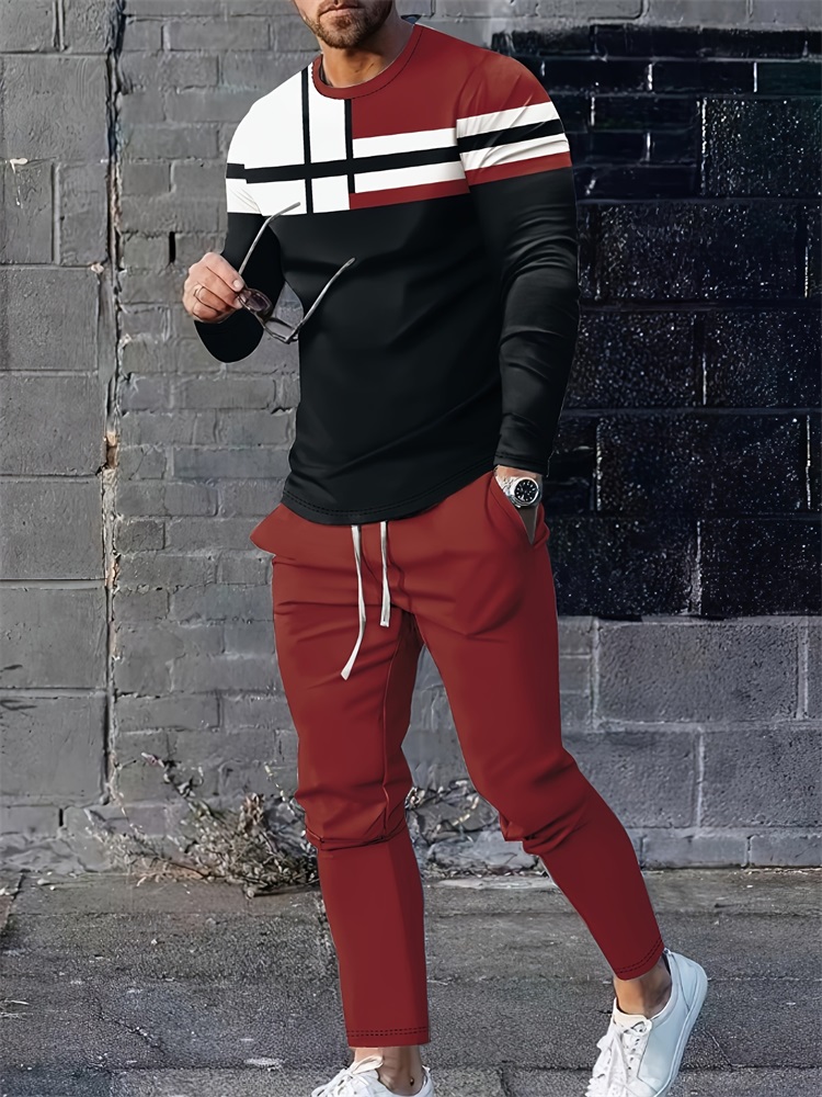 Geswet 2025 New Spring And Autumn Men's Long Sleeve T-shirt And Long Pants Set Daily Street Men's Fashion Long Sleeve T-shirt