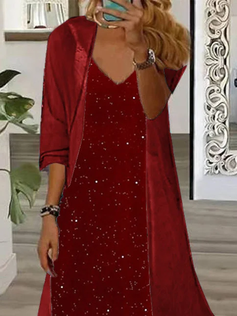 Women's Long Sleeve V-neck Polka Dot Printed Two Pieces Maxi Dress