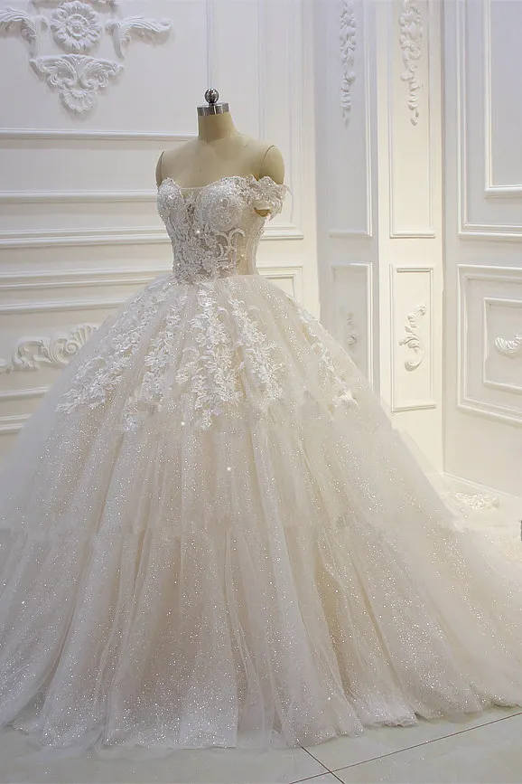 prom dresses 2022 off the shoulder sweetheart neckline hand made flowers lace ball gown ,DS4611 main image 1