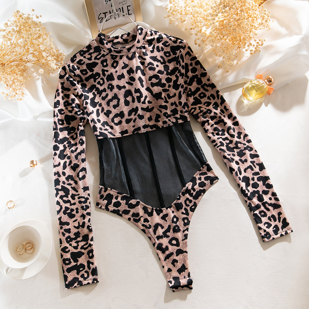 Lovingerie - Sexy Leopard Print Mesh Body Shaping Bodysuit with Long Sleeves Leopard Print