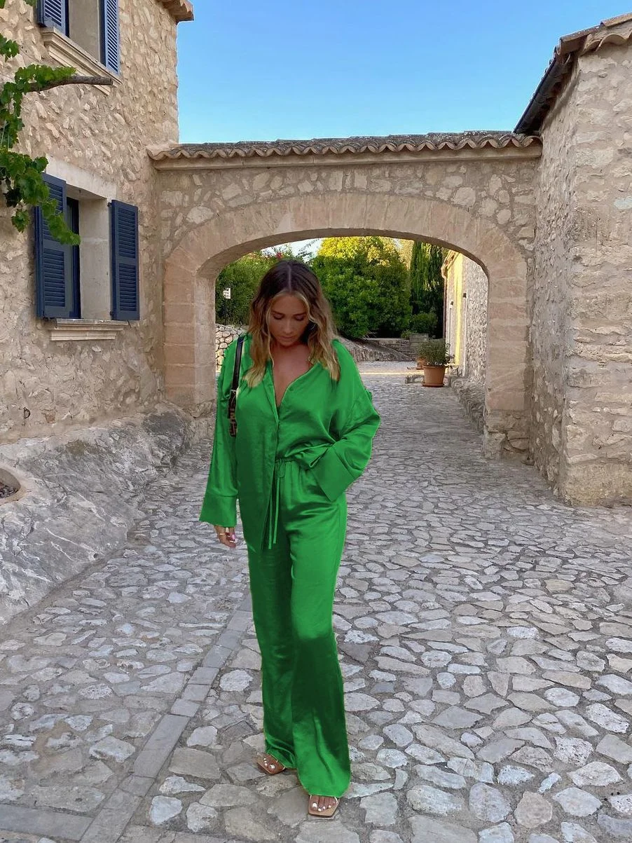 FSDA 2021 Tracksuit Satin Women Long Sleeve Top Shirts And High Waist Pants Elegant Casual Two Piece Sets Green Party Outfits