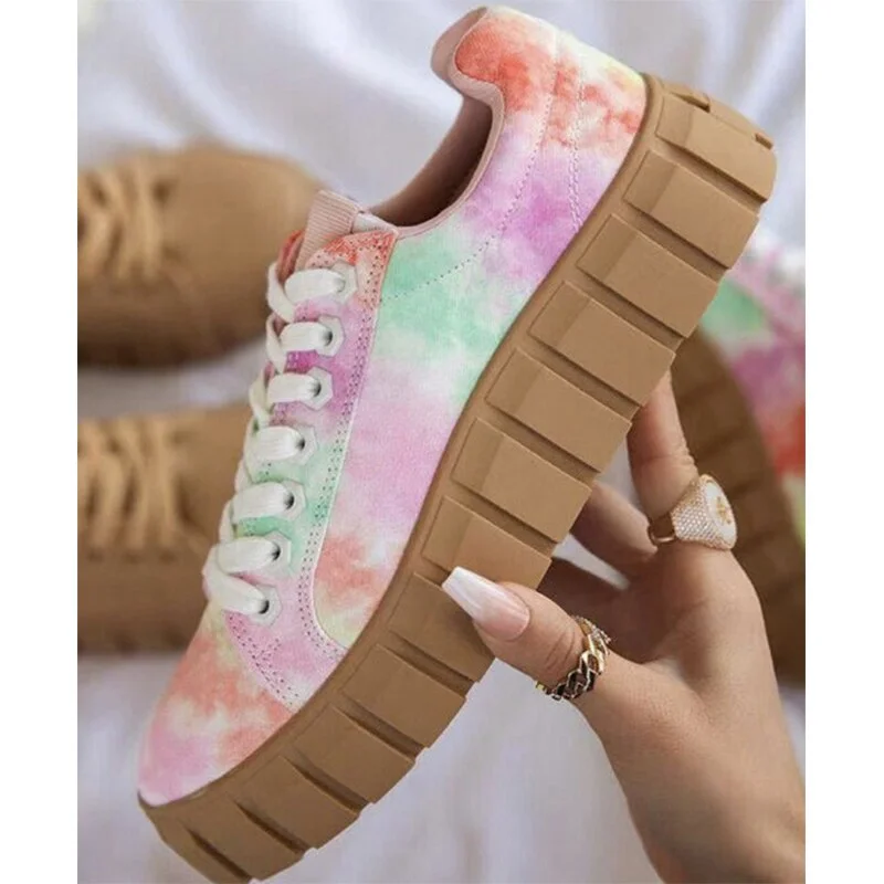 Women Sneaker Canvas Mixed Color Lace-Up Round Toe Ladies Flat Platform Fashion Spring Outdoor Soft Comfy Female Zapatos Mujer
