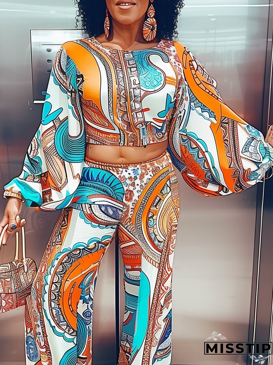 Round Neck Puff Sleeve Ethnic Style Printed T-Shirt