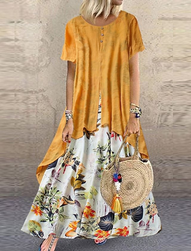 Women's Swing Dress Maxi Long Dress Short Sleeve Floral Layered Patchwork Dresses Loose  LILYELF
