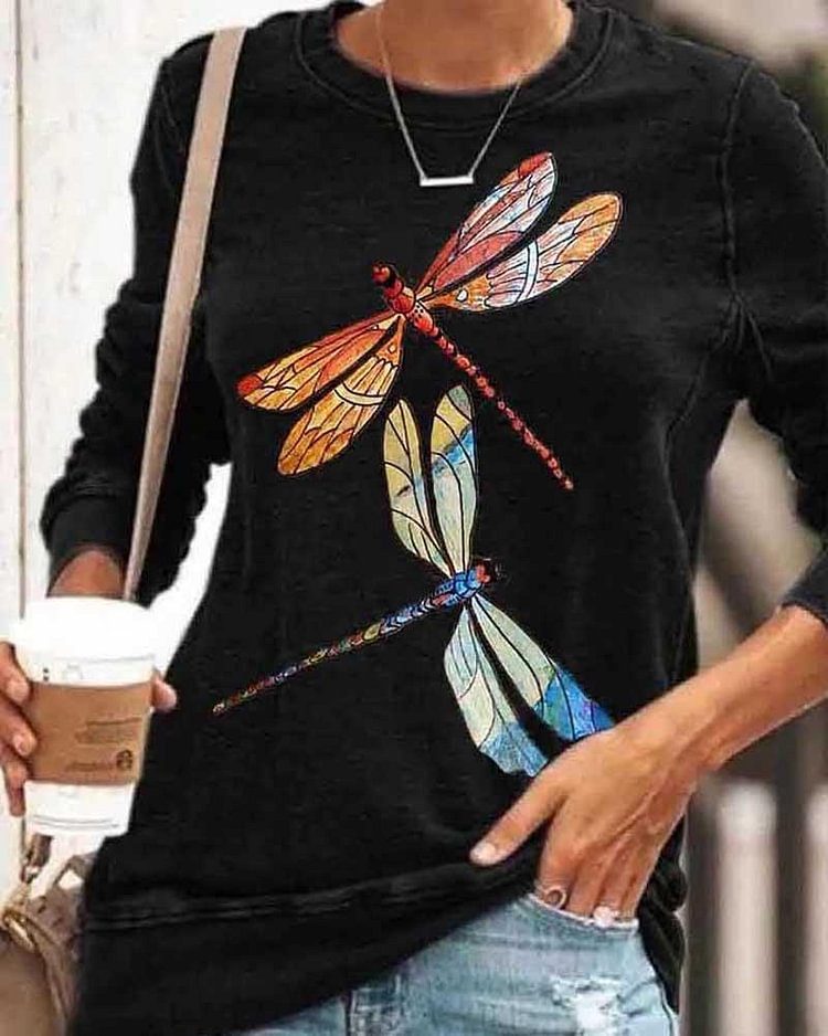 Dragonfly Print Pullover Casual Long-sleeved T-shirt-luchamp:luchamp