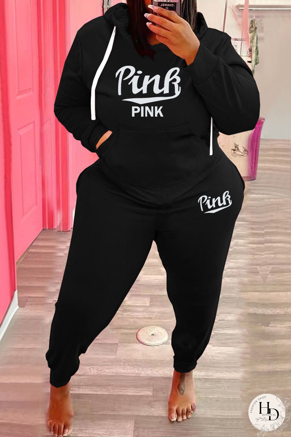 Black Fashion Casual Letter Print Basic Hooded Collar Plus Size Two Pieces