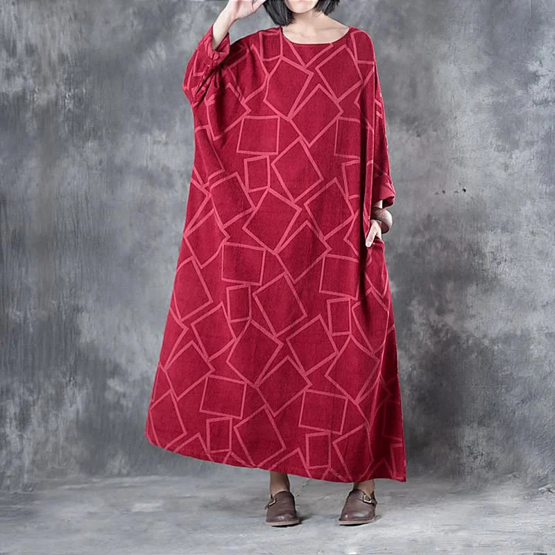 Beautiful linen clothes For Women Fine Linen Three Quarter Sleeve Geometry Pattern Red Dress
