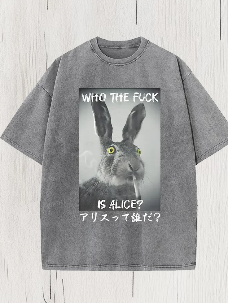 Men's Who The Fuck Is Alice Rabbit Art Print Cotton Washed T-Shirt