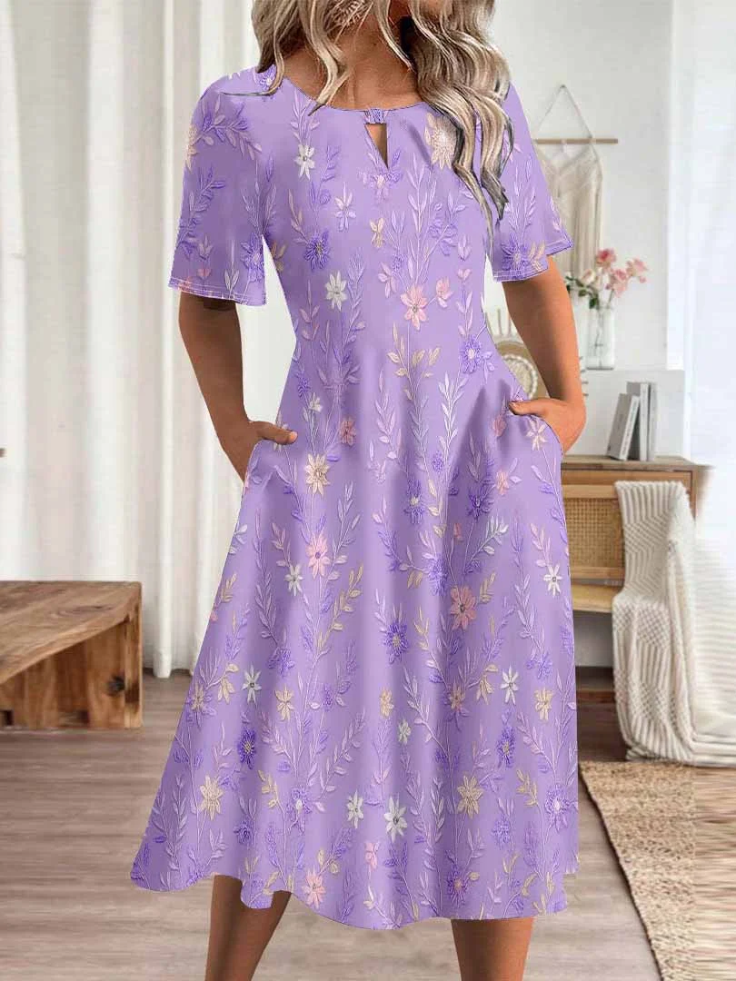 Women Floral,Purple DZHA8169 Short Sleeve Scoop Neck Graphic Printed Hollow Midi Dress