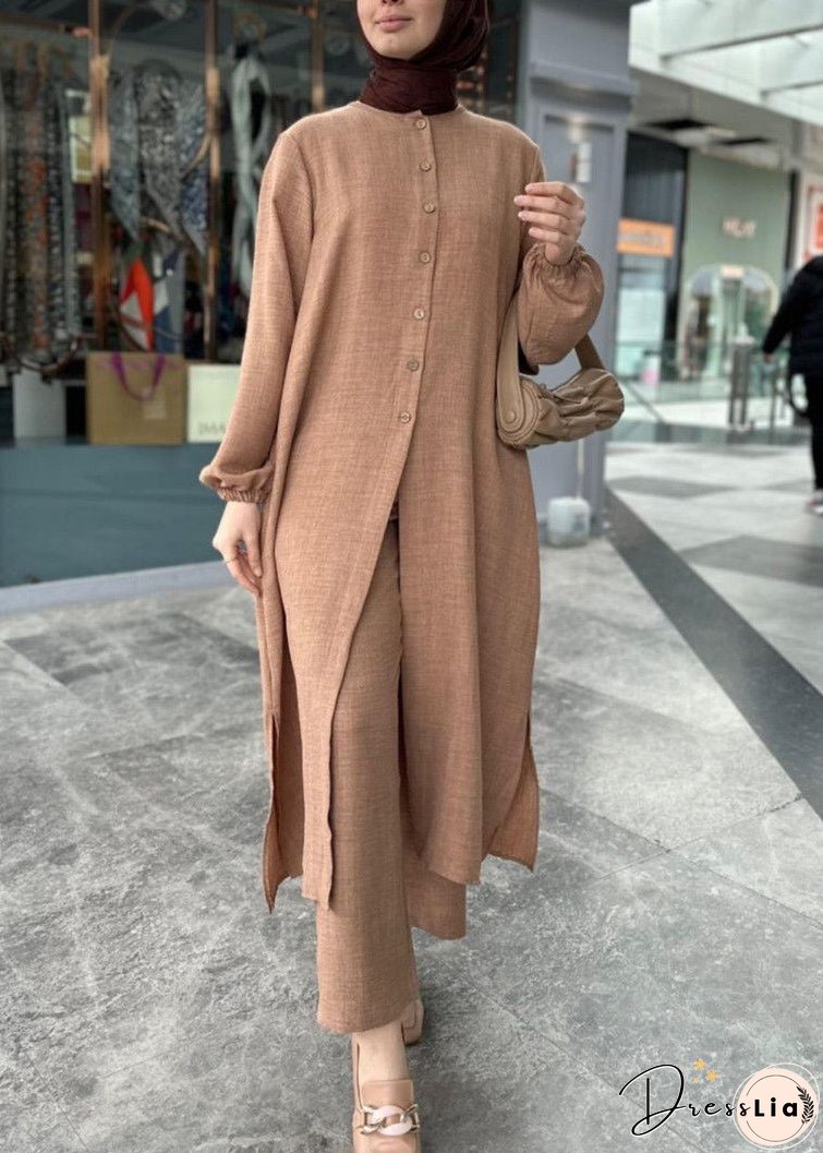 Plus Size Khaki Solid Button Cotton Two Pieces Set Long Sleeve