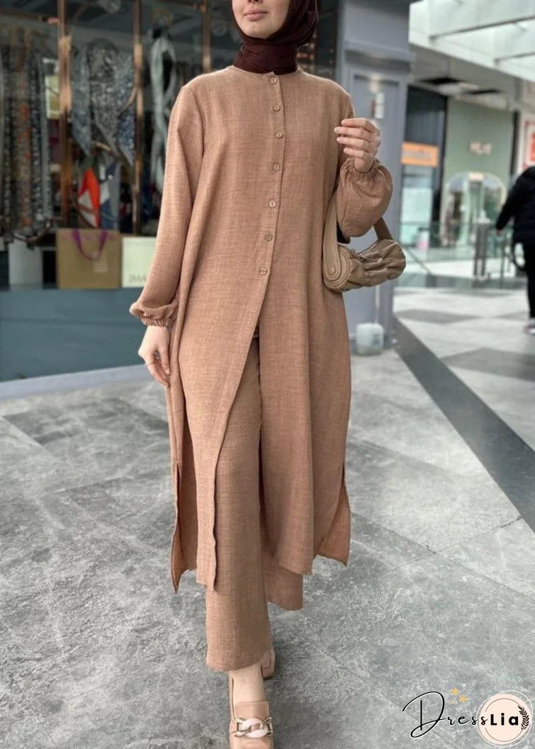 Plus Size Khaki Solid Button Cotton Two Pieces Set Long Sleeve