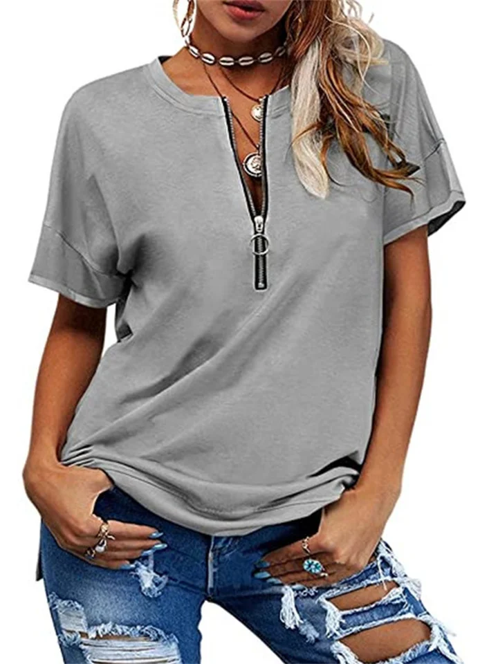 Women's T shirt Tee ArmyGreen White Yellow Plain Quarter Zip Short Sleeve Daily Weekend Basic Round Neck Regular S
