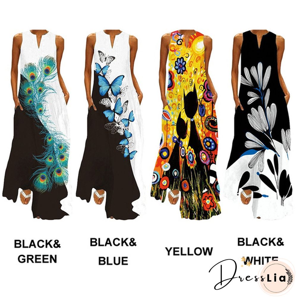 Butterfly Print Loose Beach Maxi Dress Summer Womens Fashion Sleeveless V-neck Boho Dress
