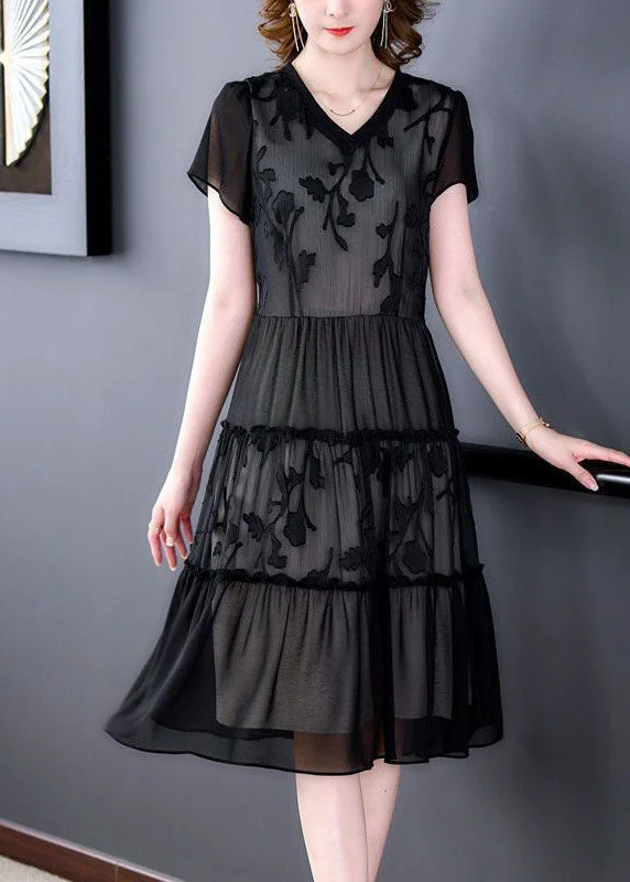 Boho Black Embroideried Patchwork Ruffled Chiffon Maxi Dresses Summer