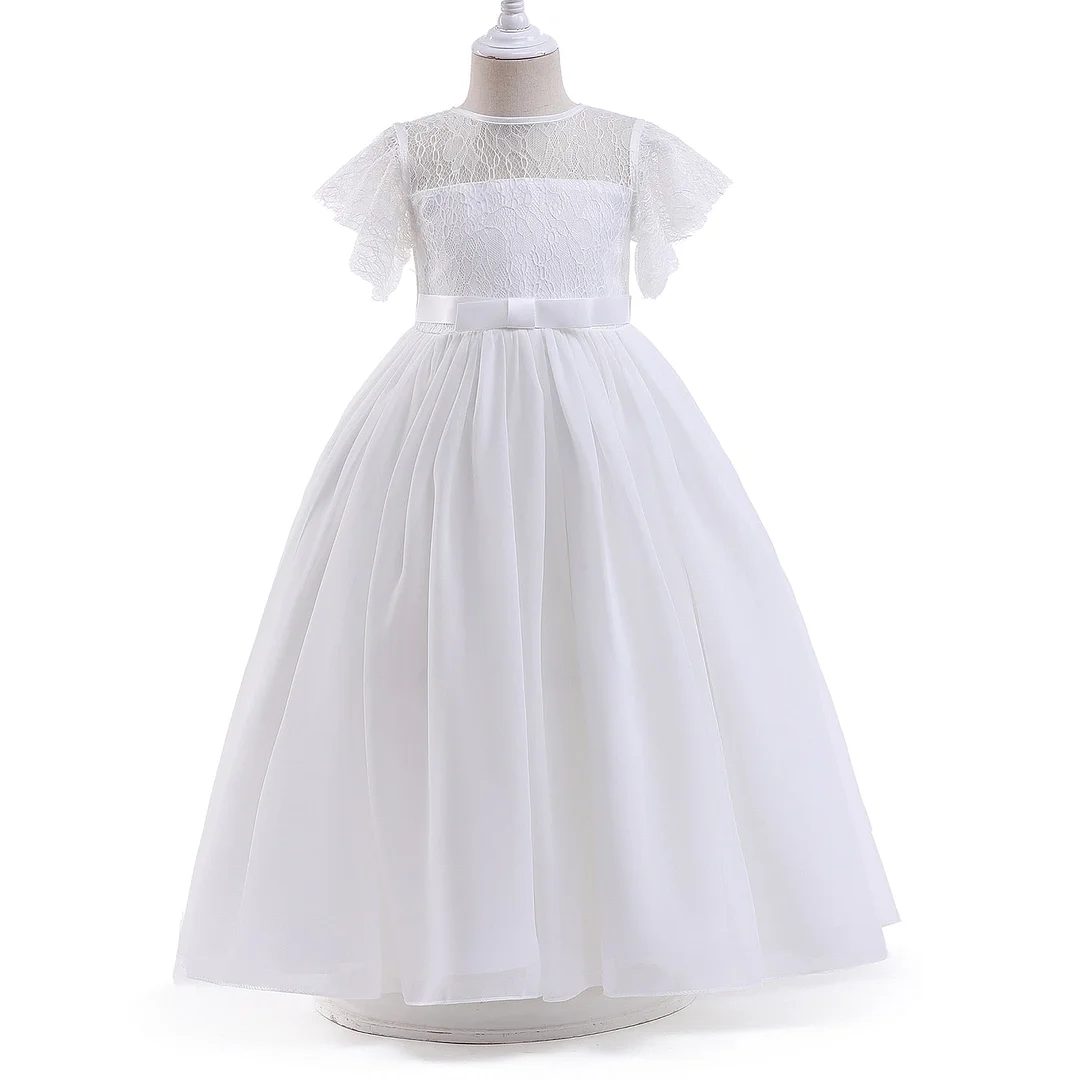 Elegant Girls Big Bow Dress Teen Girl White First Communion Ceremony Long Robe Clothing Kids Bridesmild Summer V-Neck Vestidos