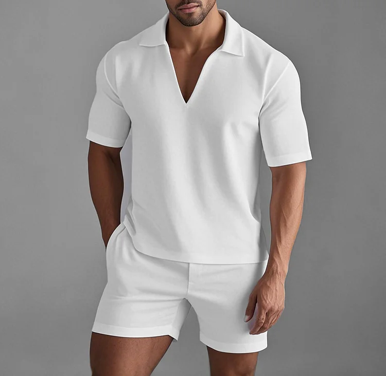 Okaywear Solid Buttonless Polo Shirt & Pocket Shorts 2Pcs Set Okaywear