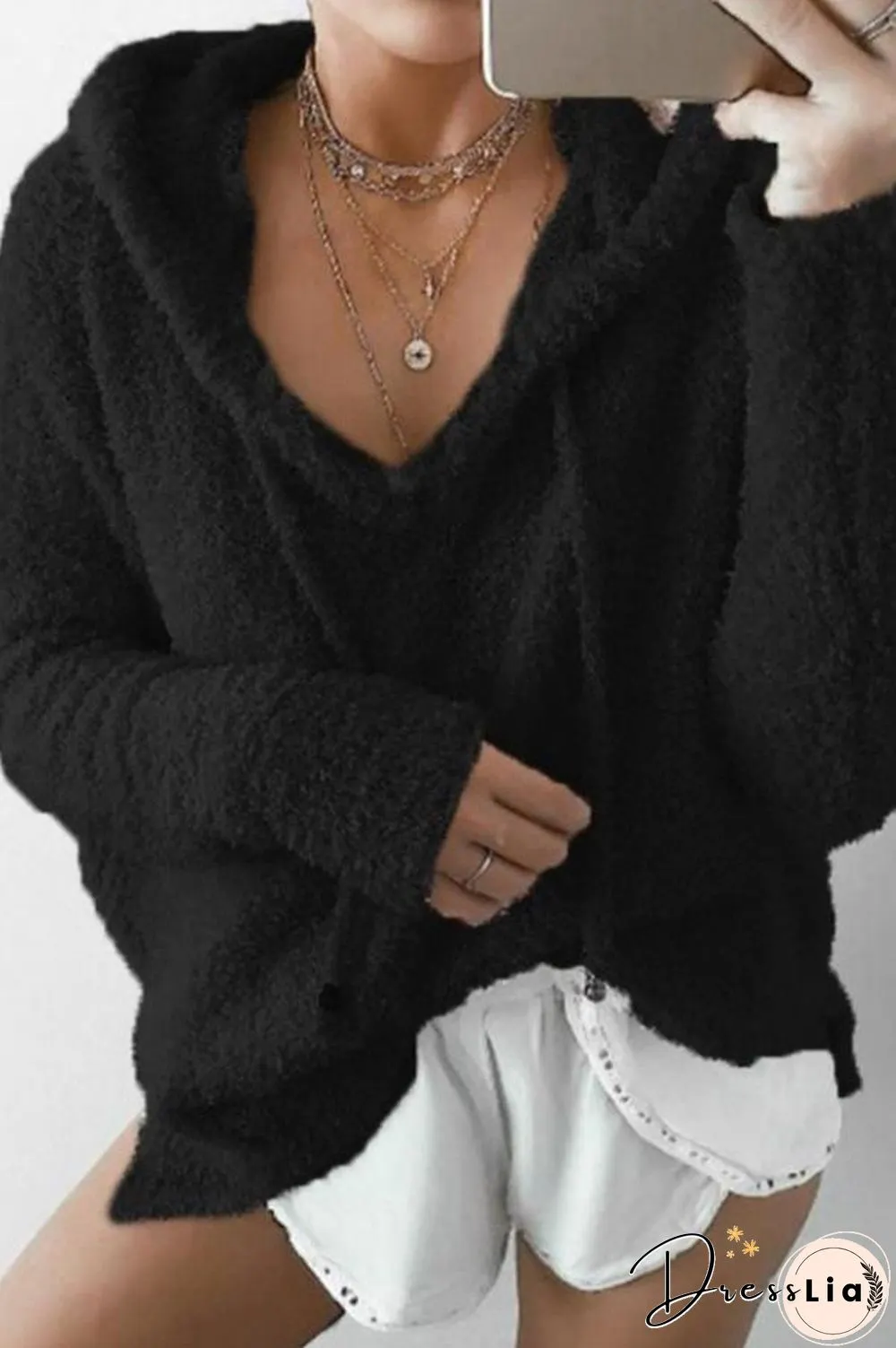 Mohair Pullover Hooded Drawstring Sweatshirt P13487