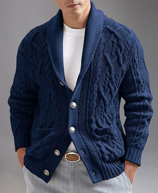 Casual Shawl Lapel Single Breasted Cable Knitted Cardigan Sweater