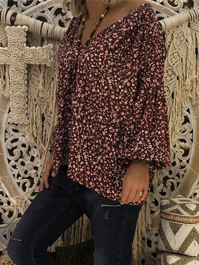 Women Loose Slim V-neck Print Puff Sleeve Long Sleeve T-shirt Tops