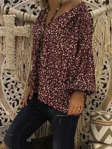 Women Loose Slim V-neck Print Puff Sleeve Long Sleeve T-shirt Tops