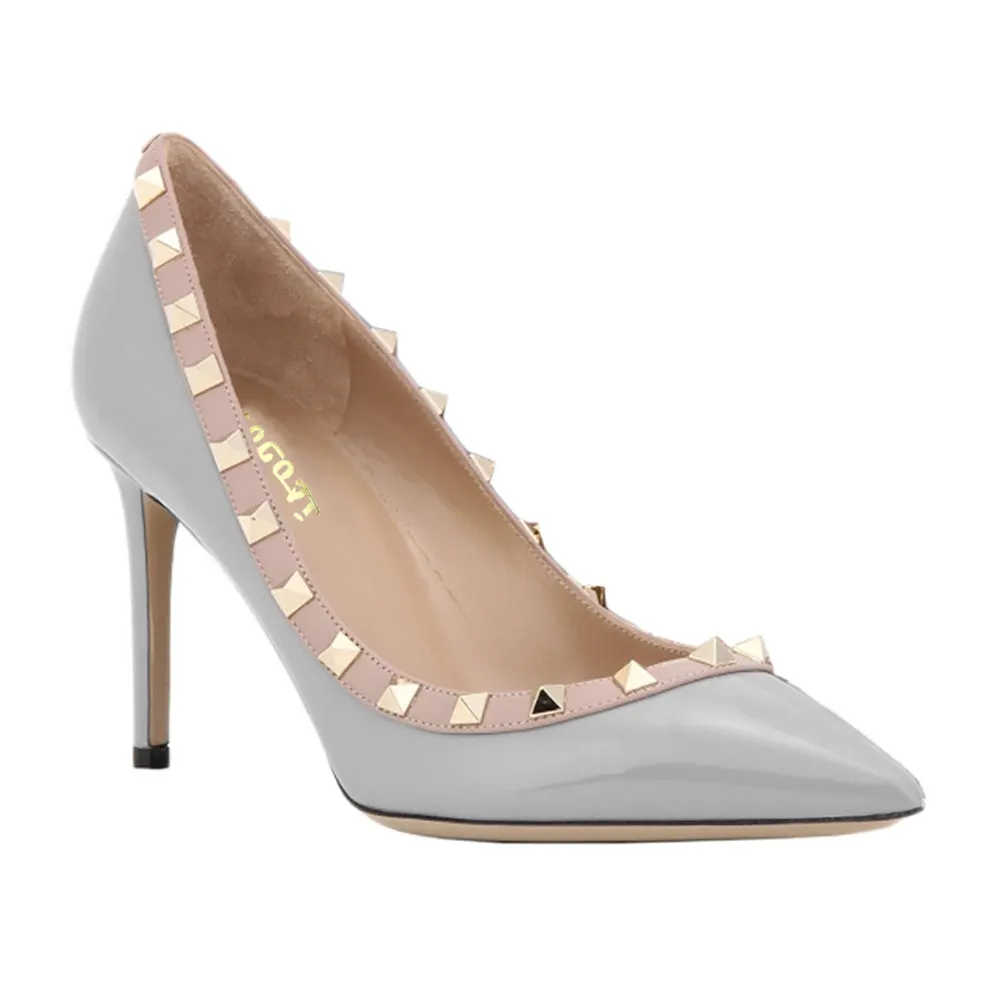 100mm Women's Sexy Pointy Toe Studs Stilettos High Heels Rivets Shoes Grey Patent-vocosishoes