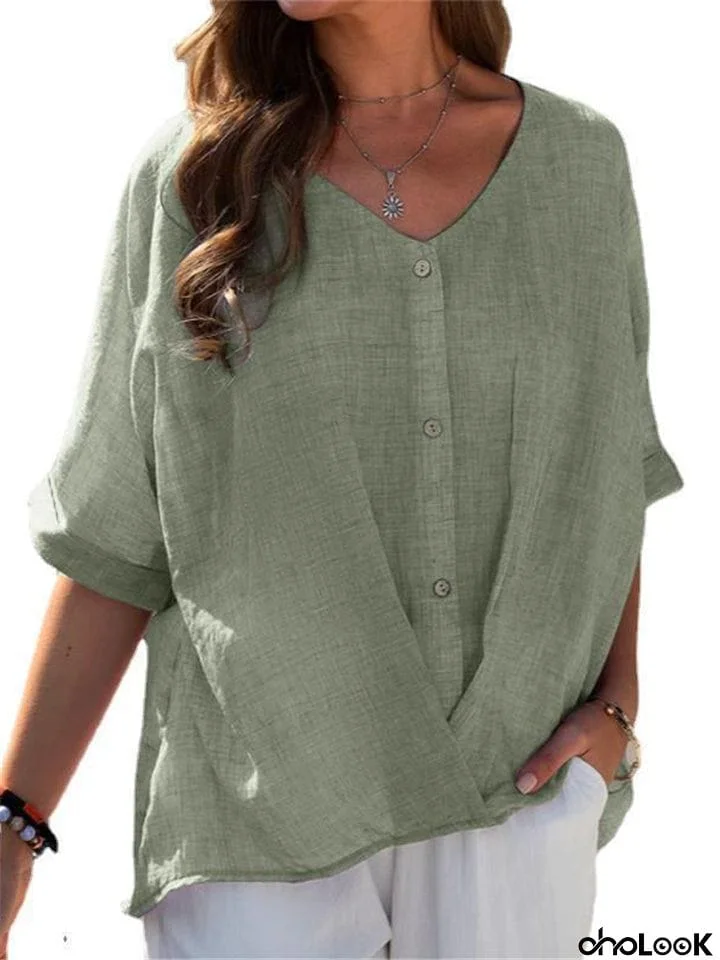 V-Neck Linen Short Sleeve Blouses For Women