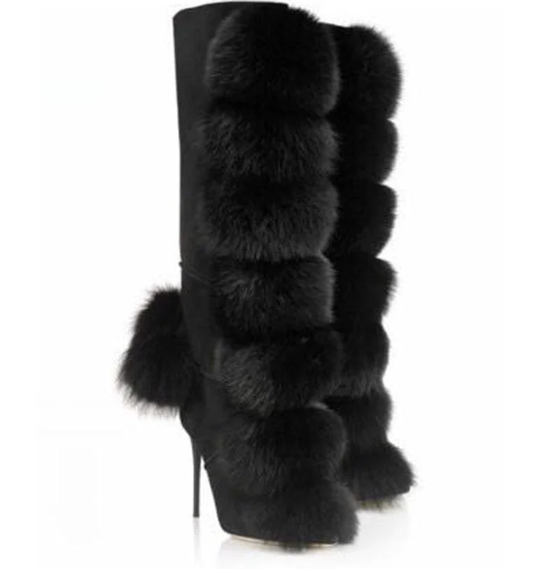 Women Black Real Fox Fur Woobies Lace up Snow Boots Ladies Suede Leather Knee High Thin High Heels Botas Winter Black