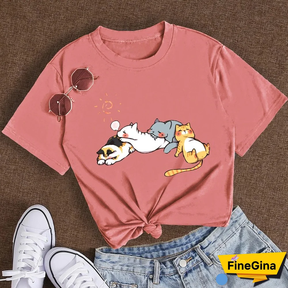Cotton 100% Women's T Shirt Summer Short Sleeve Nap Cat Print Fashion Kawaii Female Clothes Casual O-Neck Tshirt Ladies Tee Tops