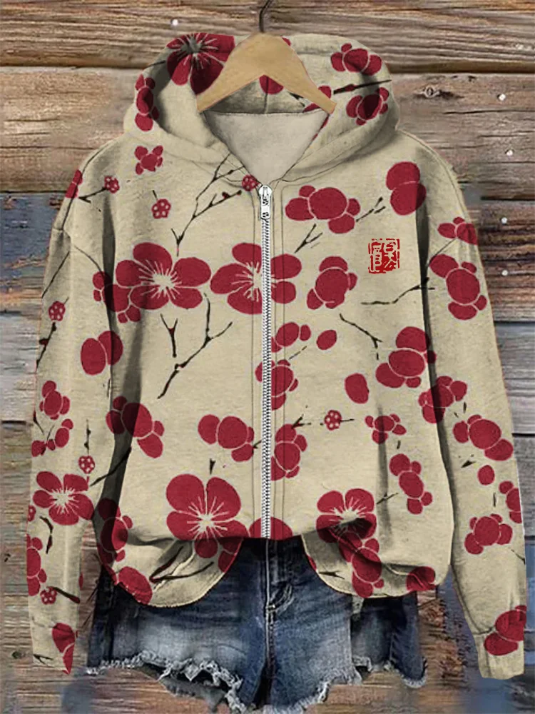 Cherry Blossom Japanese Lino Art Full Zip Hoodie