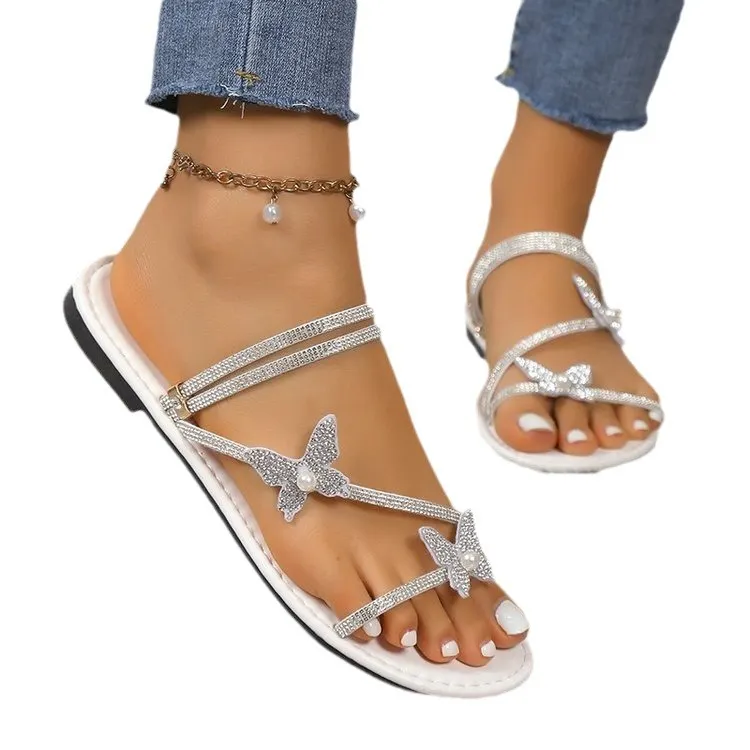 Brownm Brownm Drill Bow Bow Jacket Toe Sandals Women 2024 New Flat Bottom With Skirt Beach One Shoes Two Women's Cool Slippers 41