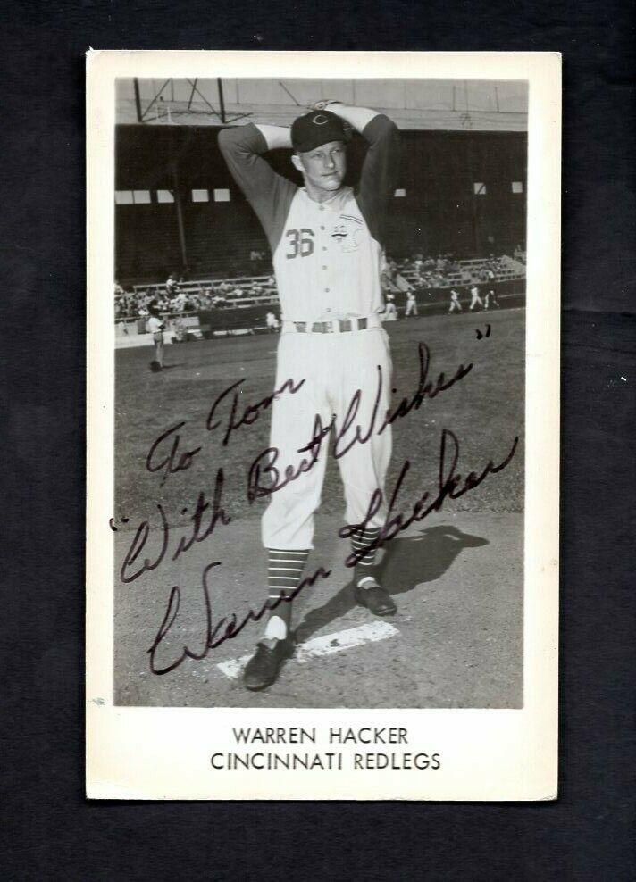 Warren Hacker Signed Autographed 1957 Cincinnati Reds Post Card Photo Poster painting To Tom