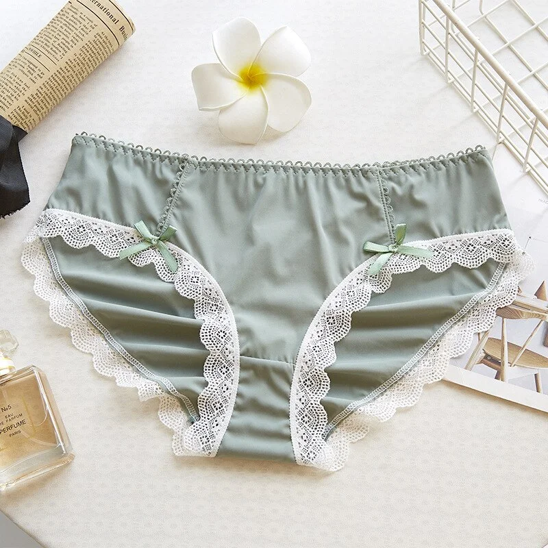 Billionm Girl Glossy Hollow Sexy Ladies Briefs Comfortable Breathable Bow Mid-waist Cotton Bottom Nylon New Lace Edge Lolita