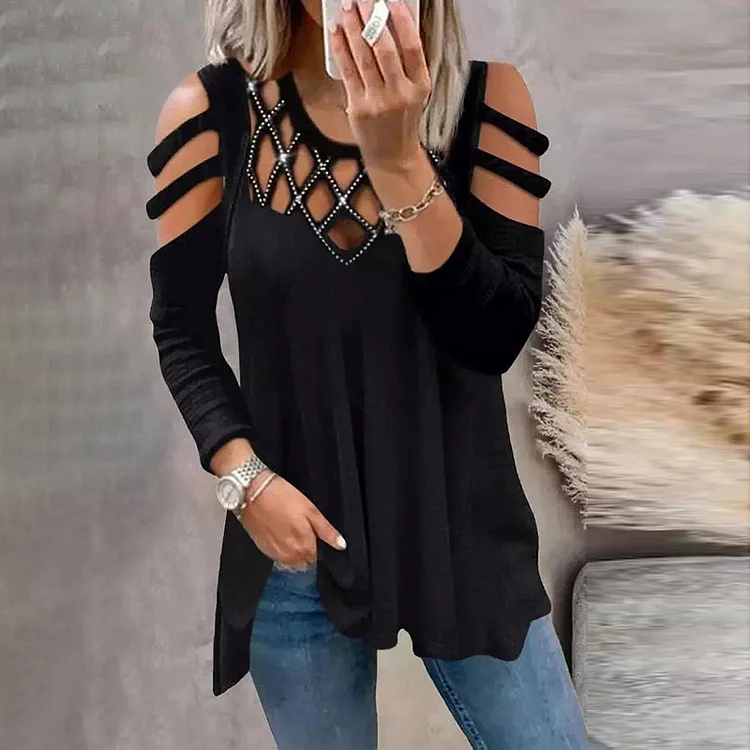 Wearshes Hollow Out Drilling Round Neck Long Sleeve T-shirt