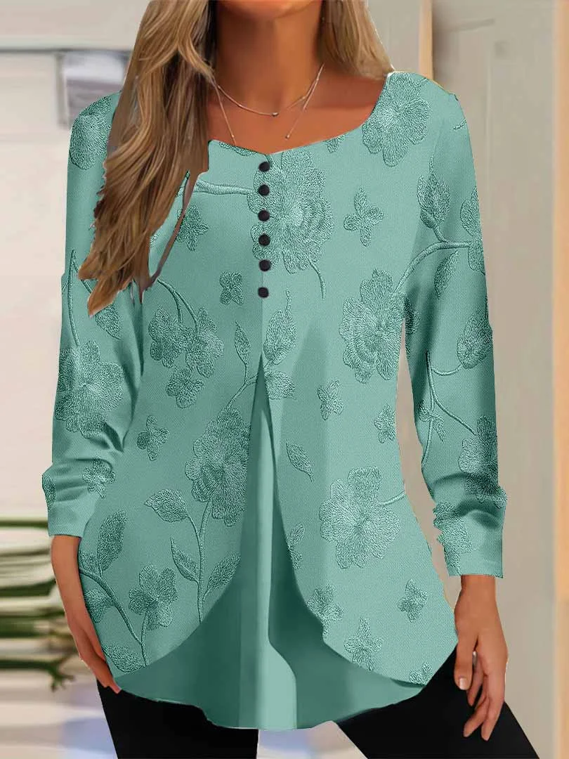 Women Floral,Green DZGG8233 Long Sleeve Scoop Neck Printed Graphic Button Fake 2in1 Tops