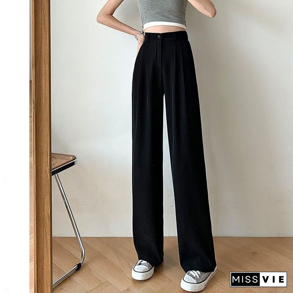 Fashion Thin Women Wide Leg Pants Summer High Waist Elastic Office Lady Loose Trousers Vintage Korean Solid Straight Pants New