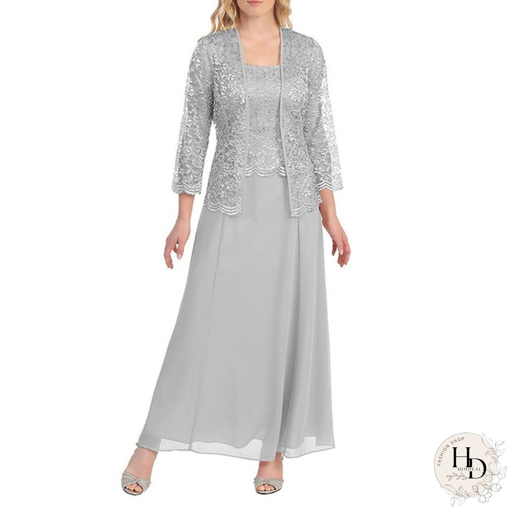 New Women Lace Cardigan And Chiffon Maxi Skirt Two-Piece Ladies Fashion Long Chiffon Dress Mother Of Groom Dress With Lace Long Sleeve