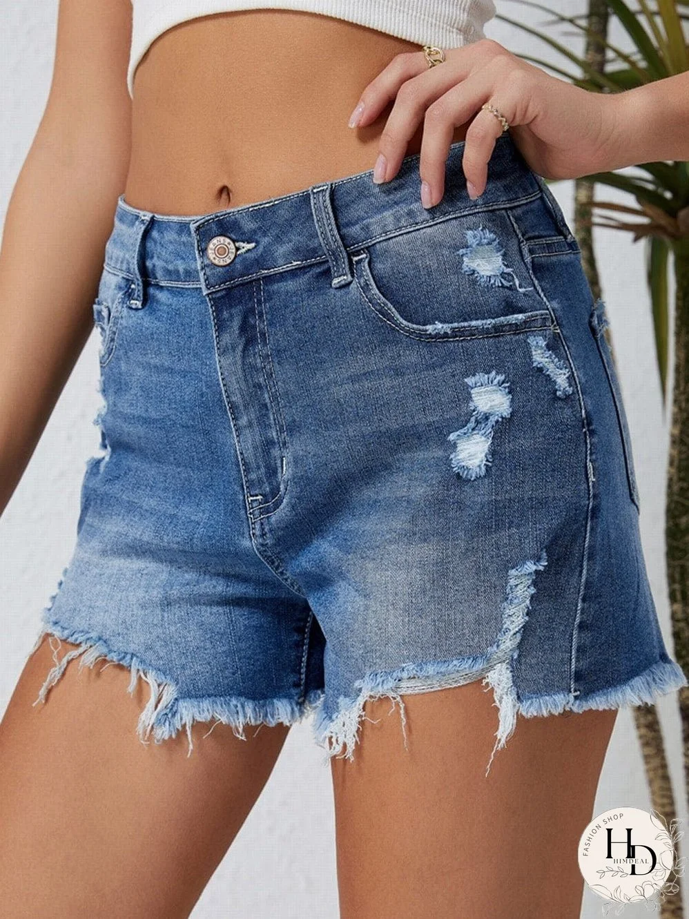 Sky Blue Distressed Denim Shorts with Raw Hem