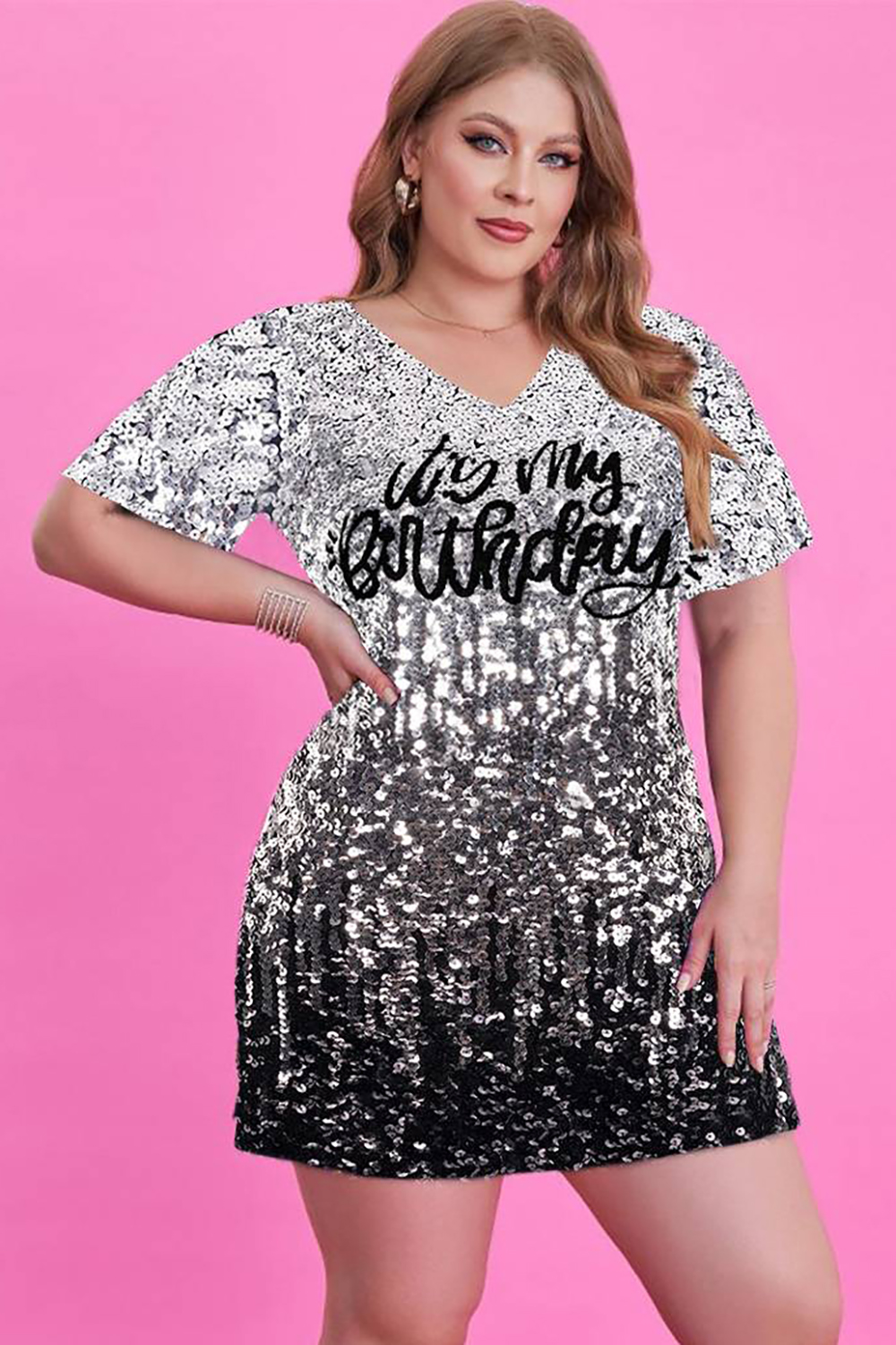 Design Plus Size Party Mini Dresses Silver Letter Spring Summer V Neck Short Sleeve Sequin Birthday Mini Dresses [Pre-Order]