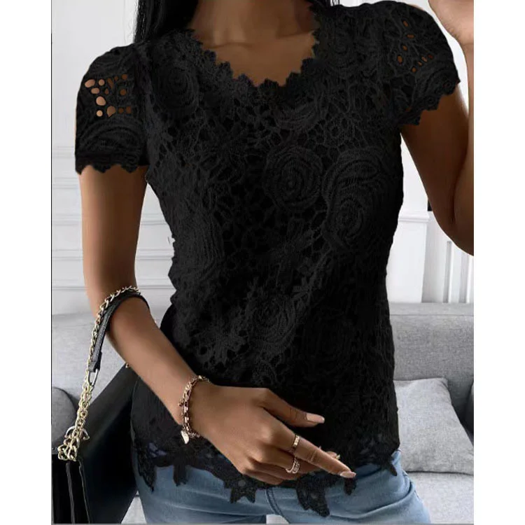 Uveng Uveng Explosion Women's 2024 Summer New T-Shirt Back Jacket Lace Shirt
