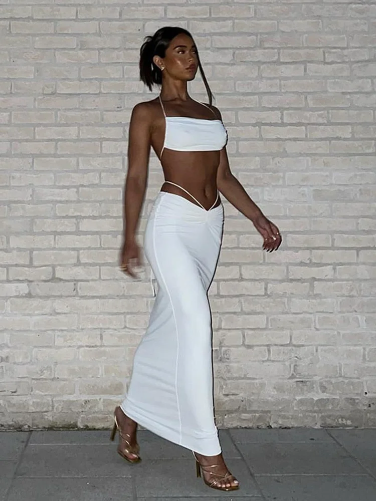 Tawnie 2022 Summer Y2K Dress Sets Women Sexy Halter Backless Crop Top Midi Skirts 2 Piece Sets Elegant Outfits Beach Vacation