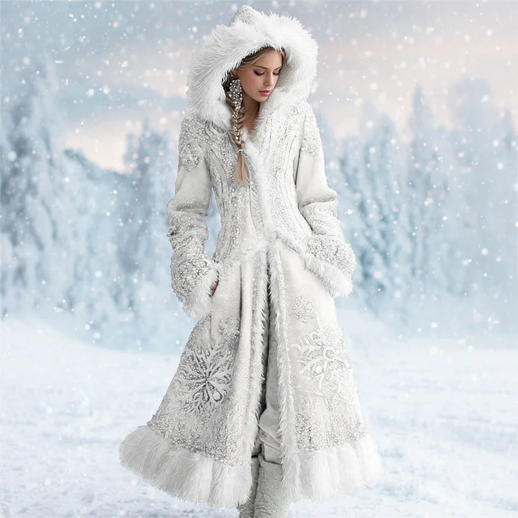 Classy Snowflakes Beaded Gradient Fur Trim Cozy Long Cardigan