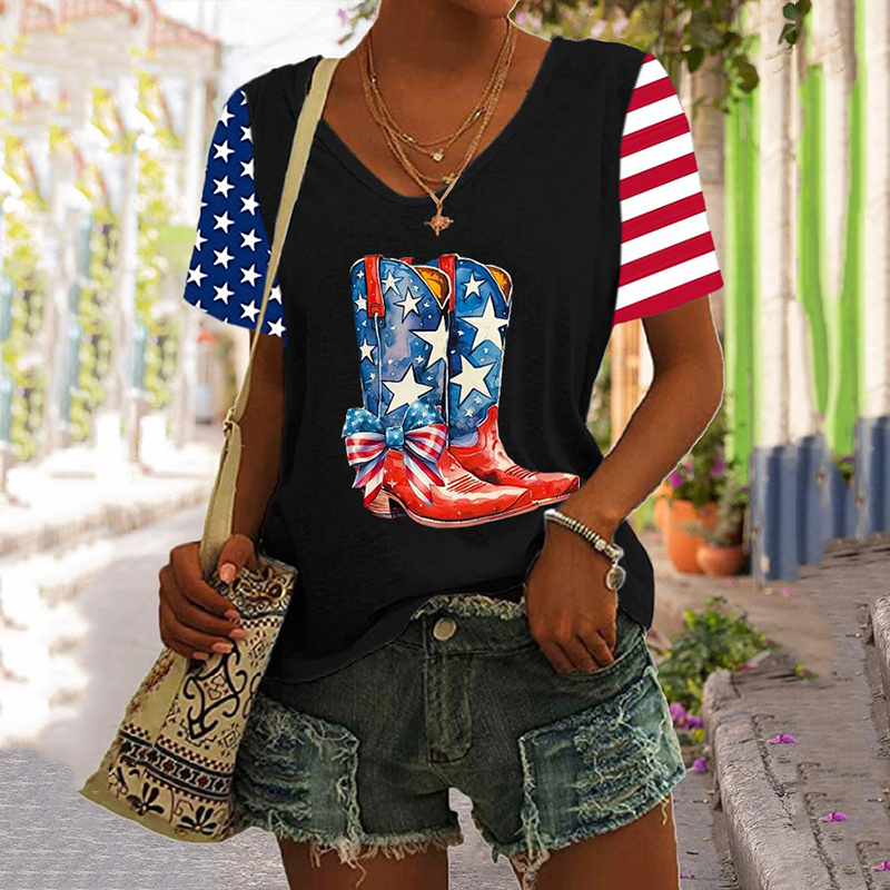 Comstylish Women'S V-Neck Independence Day Flag Graphic T-Shirt
