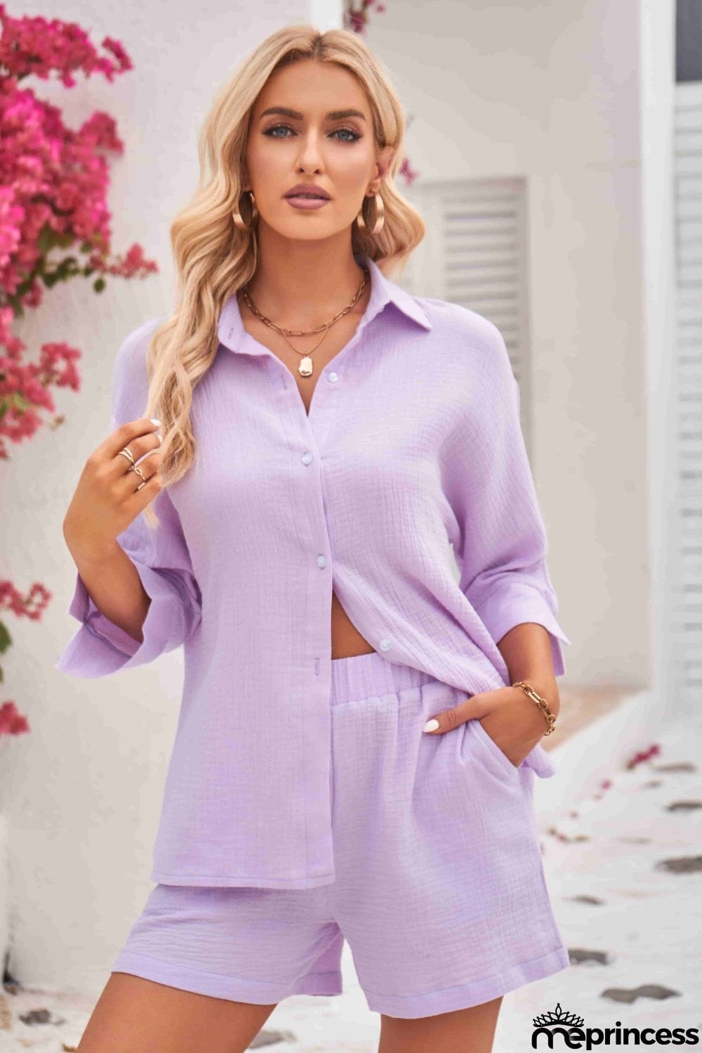 Textured Shirt and Elastic Waist Short with Pockets