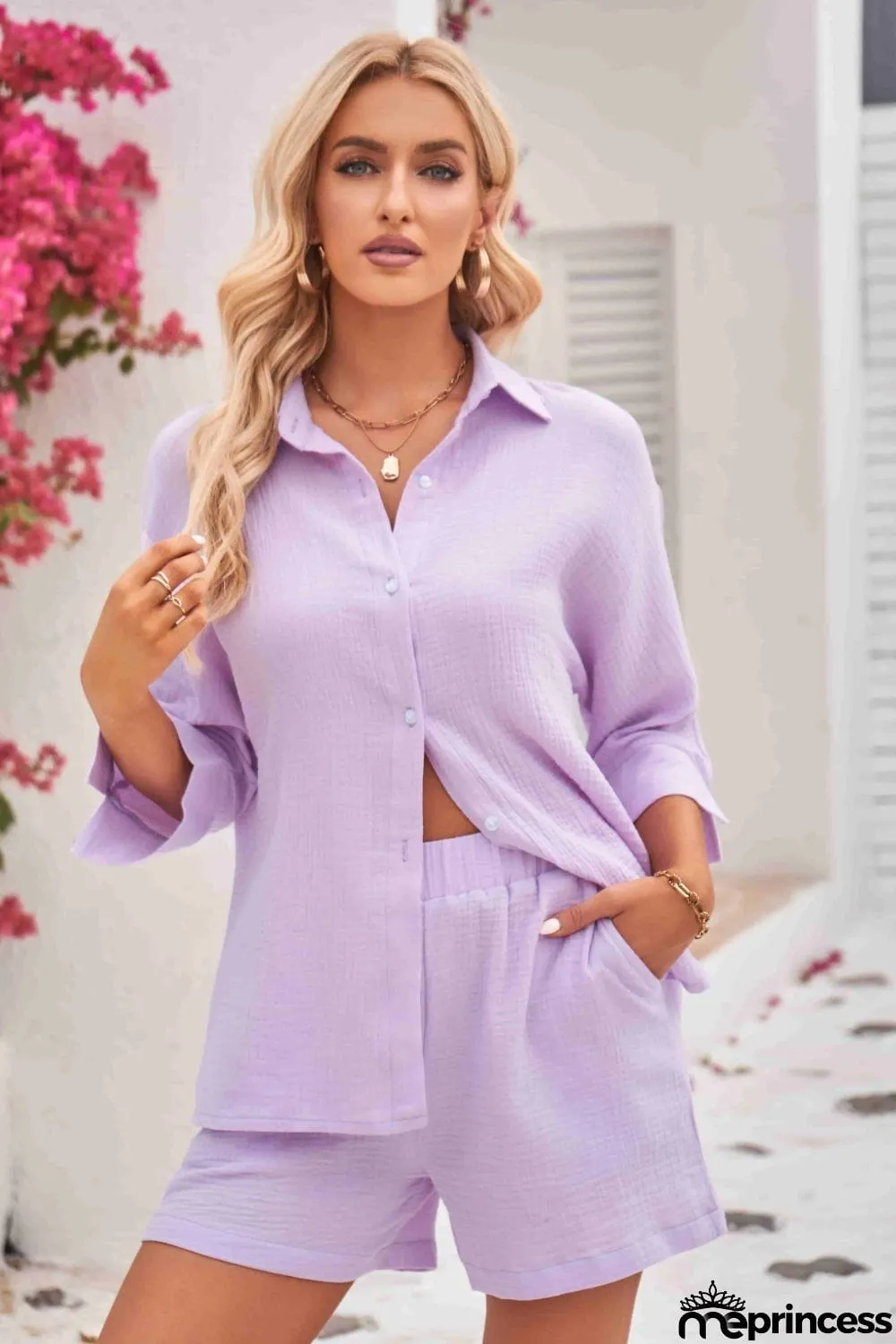 Textured Shirt and Elastic Waist Short with Pockets