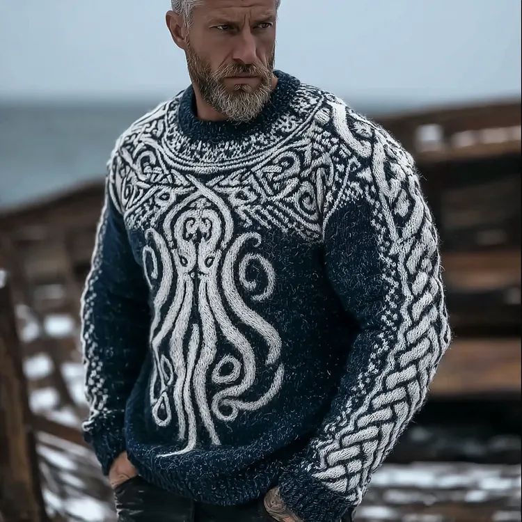 Vintage Viking Celtic Style Octopus Pattern Men's Sweater