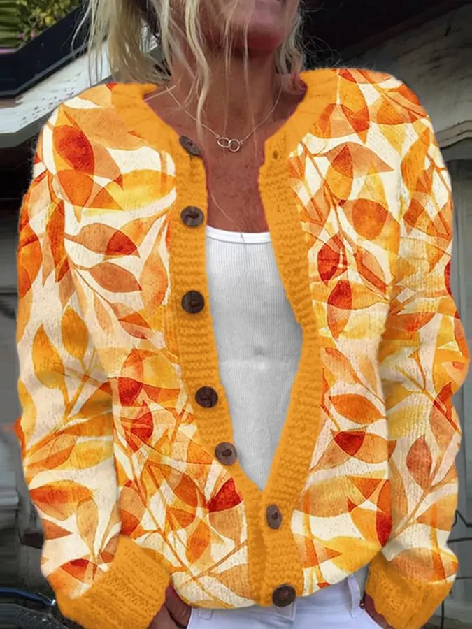 Women's Thanksgiving Maple Leaf Print Knitted Cardigan 