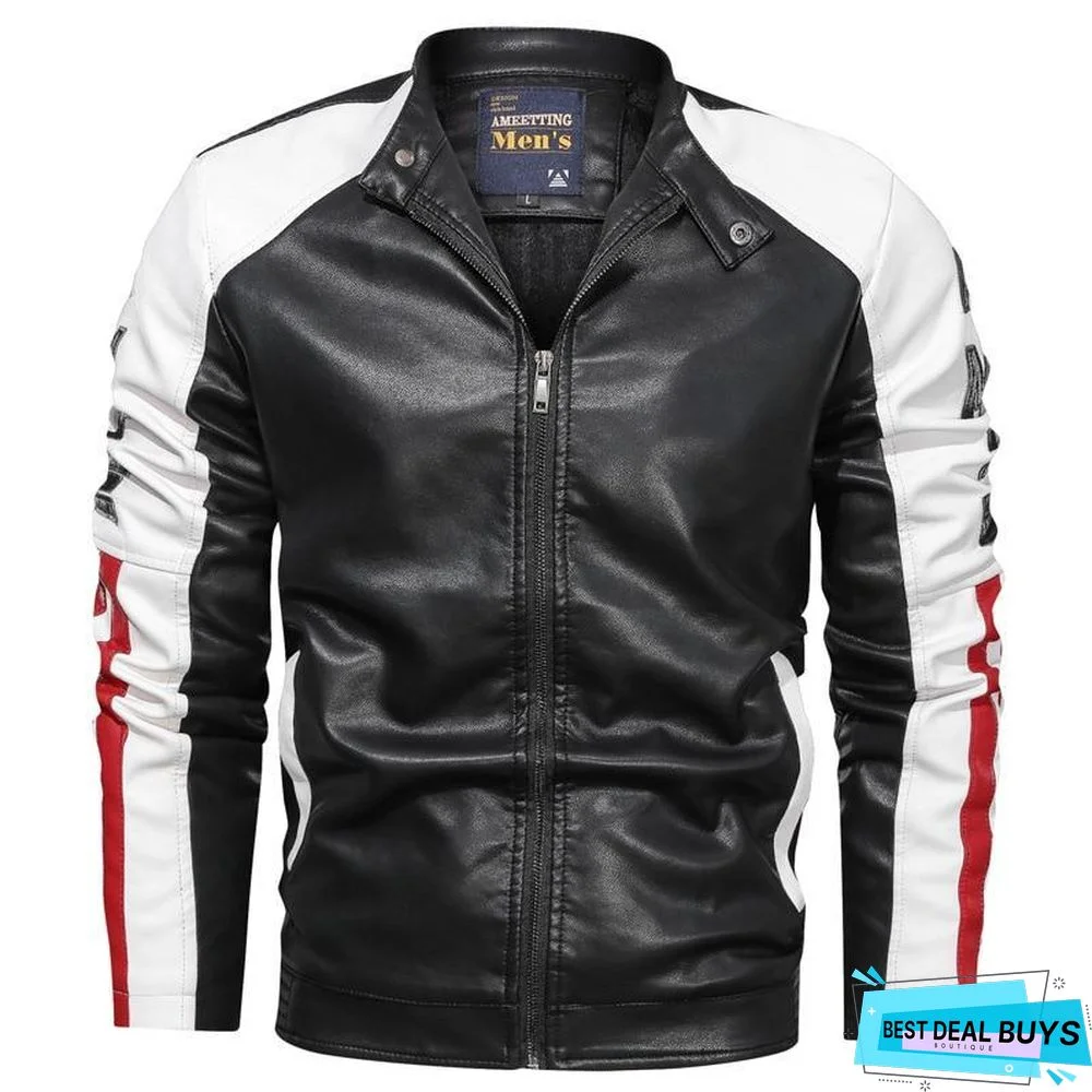Men's Leather Jacket Casual Fashion Stand Collar Motorcycle Jacket Men Patchwork Quality Leather Jacket