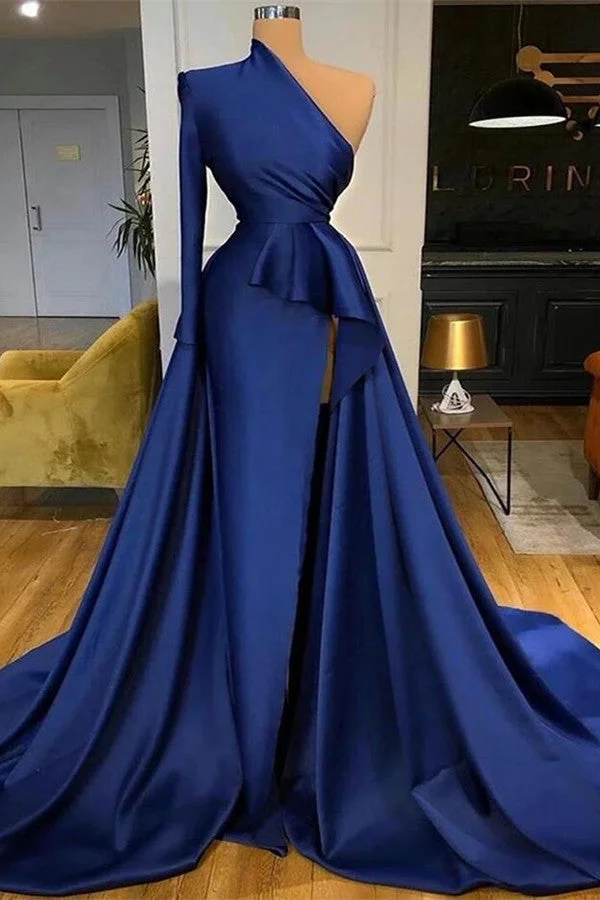 Amazing Royal Blue Long Sleeves Prom Dress Mermaid Slit With Ruffles - lulusllly