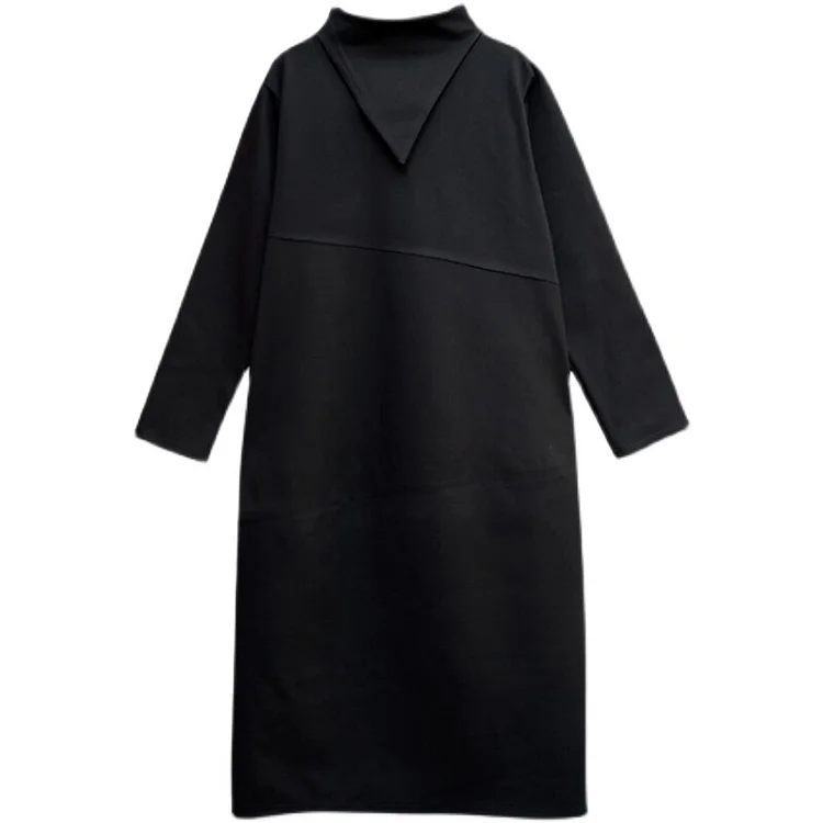 Modern Loose Solid Color Half Stand Collar Asymmetrical Patchwork Long Sleeve Dress      